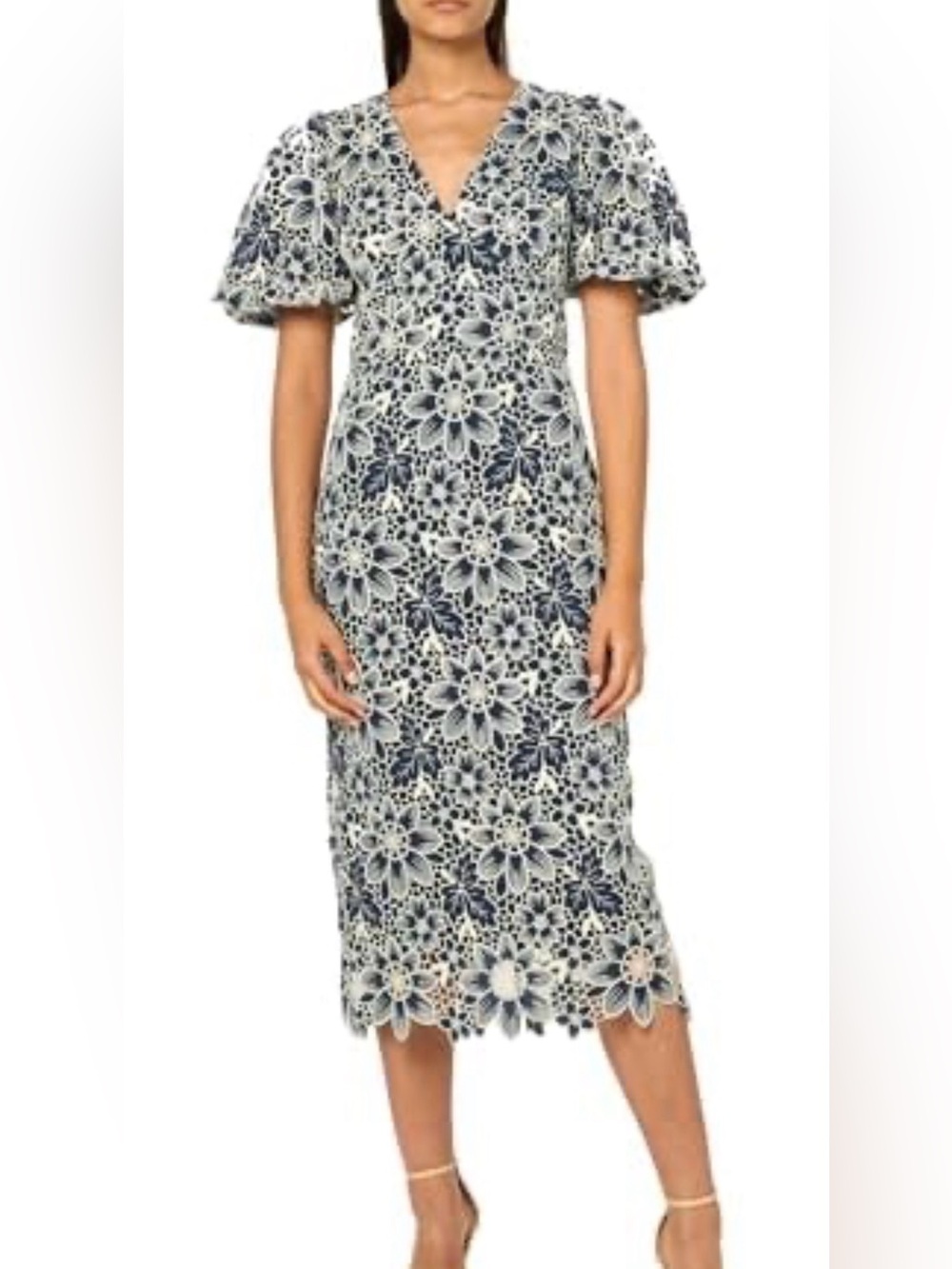 Shoshanna Navy & White Floral Lace Puff-Sleeve Midi Dress